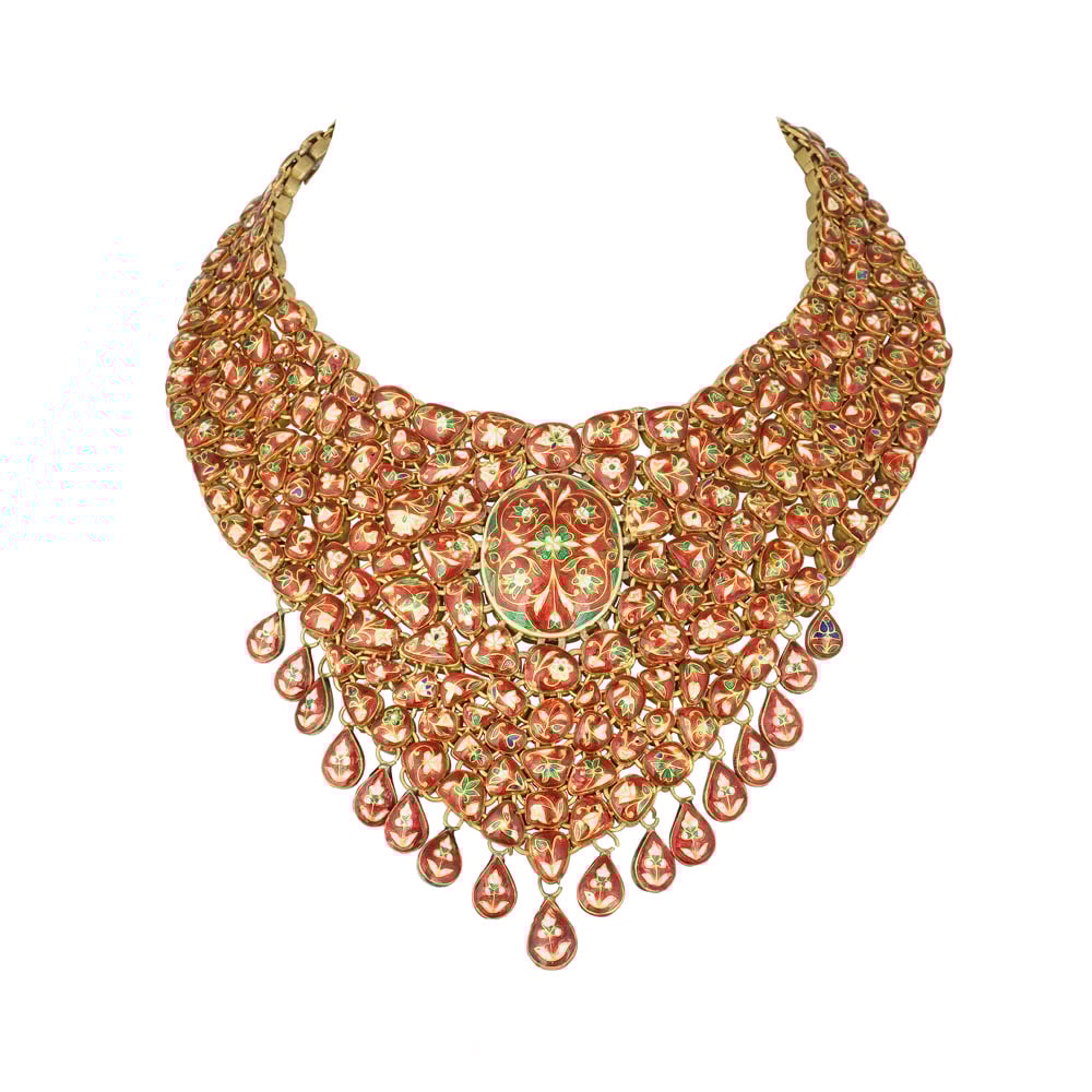 Bridal Polki Necklace with Rhodolite Center and Red Drops